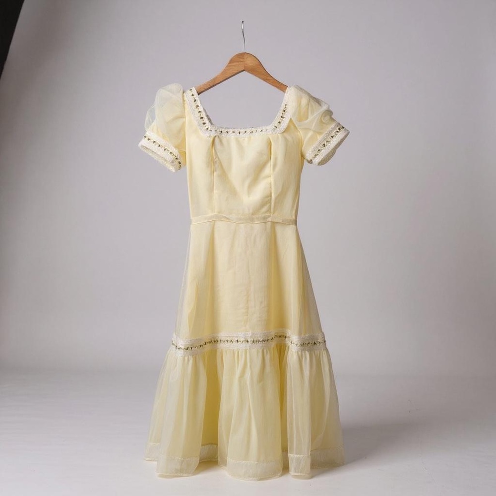 Vintage Pale Yellow Puff Sleeve Midi Dress